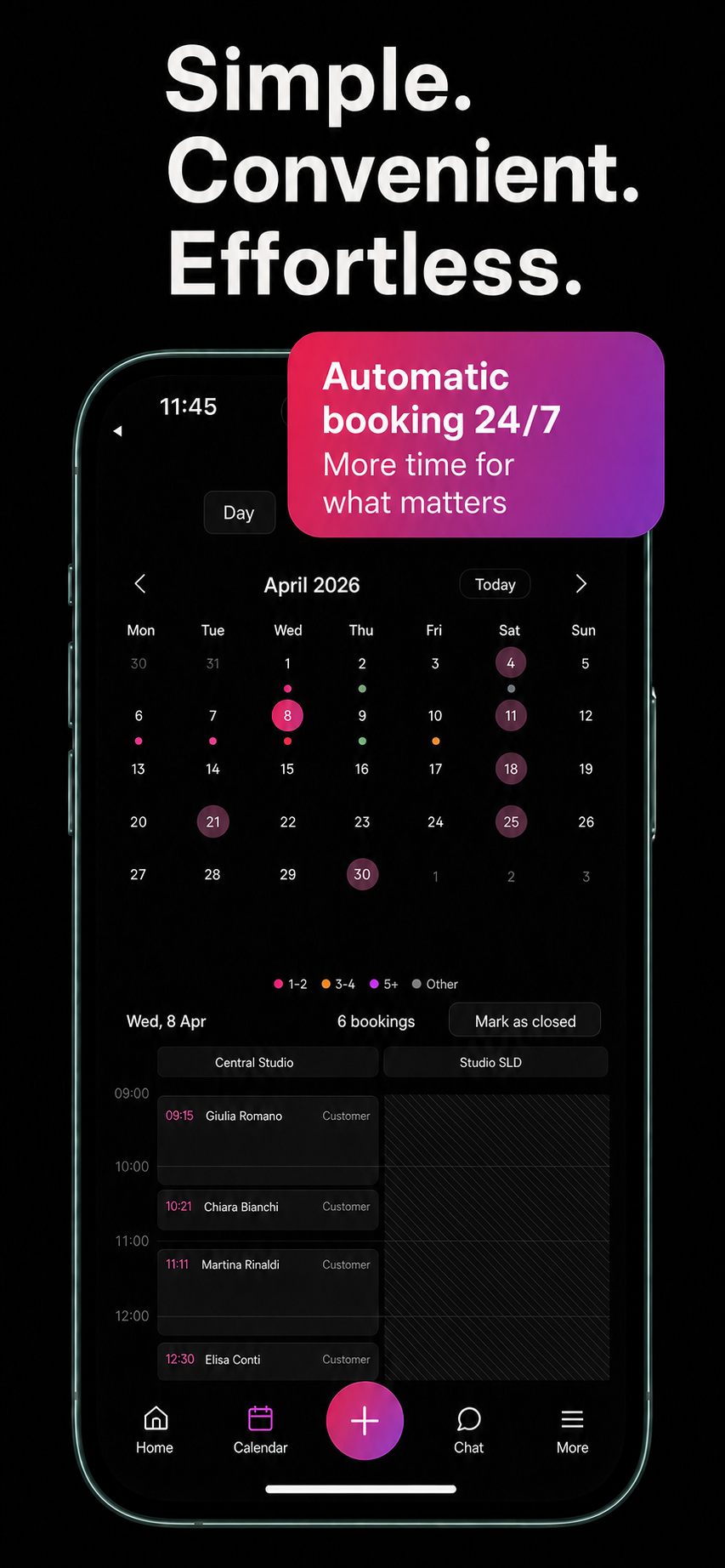 minibi calendar and online bookings in dark mode